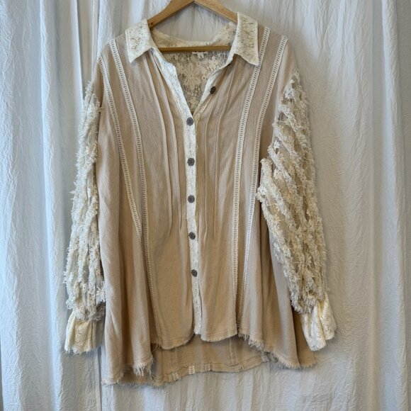 POL Anthropologie Oversized Shirt Women L Lace Long Balloon Sleeve Button Pearl - Picture 2 of 9